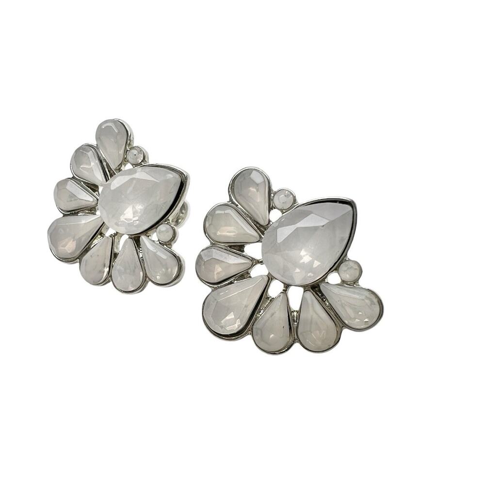 Teardrop Earrings Faceted Faux Moonstones Silver Tone Post Creamy White Fashion